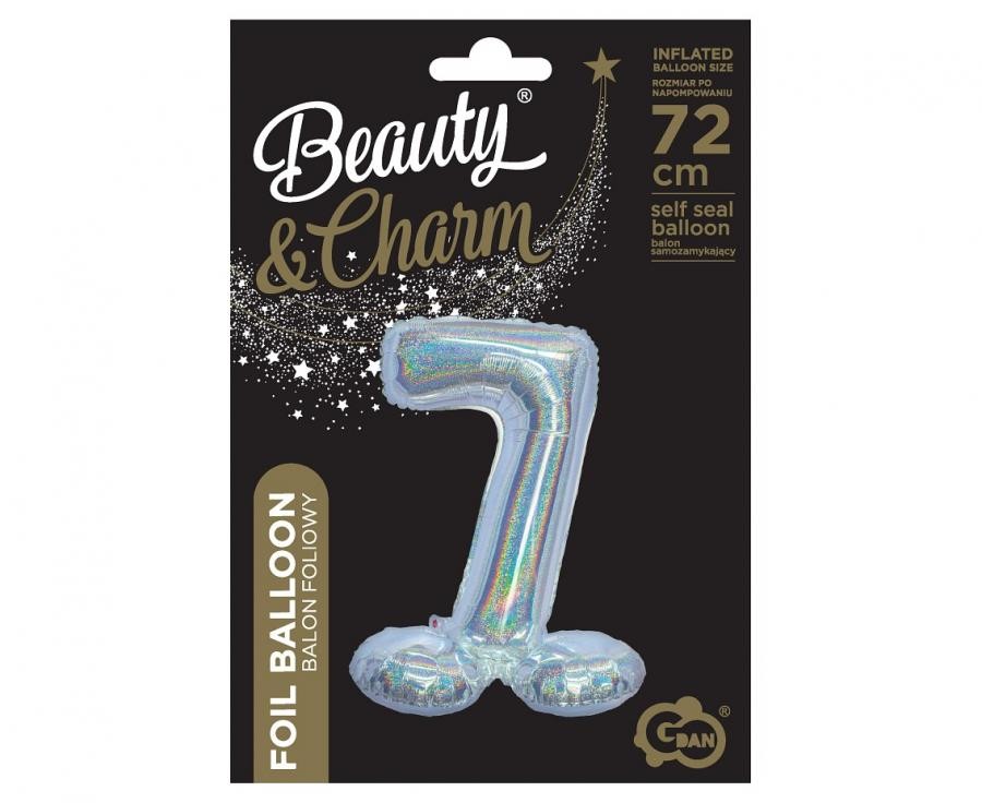Ezüst Holographic Silver 7-es szám fólia lufi talppal 72 cm