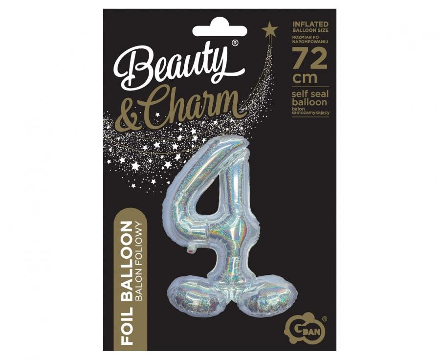 Ezüst Holographic Silver 4-es szám fólia lufi talppal 72 cm