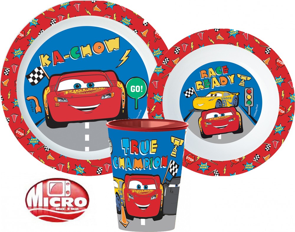 Disney Verdák Lets Race étkészlet, micro műanyag szett, pohárral 260 ml